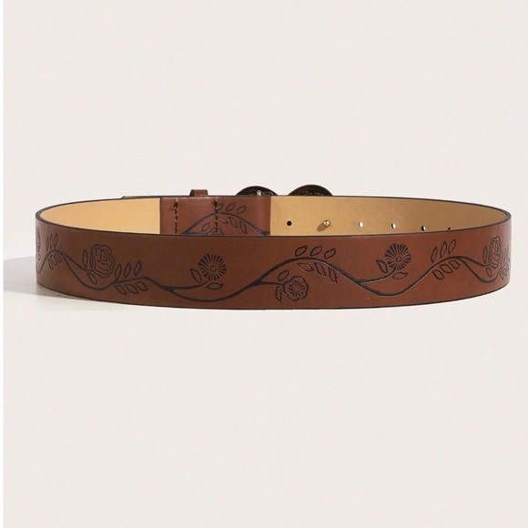 Western Vegan Leather Floral Etched Heart Buckle Belt - Picture 3 of 5